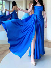 Simple Blue satin long prom dress, blue evening dress