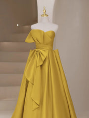 Yellow satin long prom dress, yellow evening dress