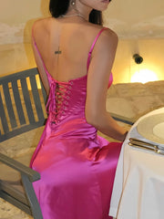 Pretty A line Spaghetti Straps Pink Satin Long Party Dresses Prom Dresses SD2705