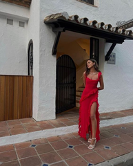 Red Chiffon Prom Dress Long Ruffle Party Dress Evening Dress SH895