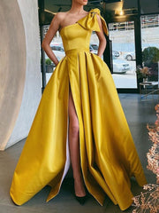 Yellow one shoulder satin long prom dress, yellow evening dress