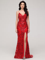 Trumpet/Mermaid Spaghetti Straps Sequins Sweep Train Prom Dress With Split