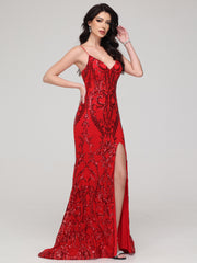 Trumpet/Mermaid Spaghetti Straps Sequins Sweep Train Prom Dress With Split