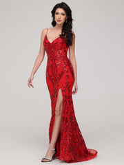 Trumpet/Mermaid Spaghetti Straps Sequins Sweep Train Prom Dress With Split