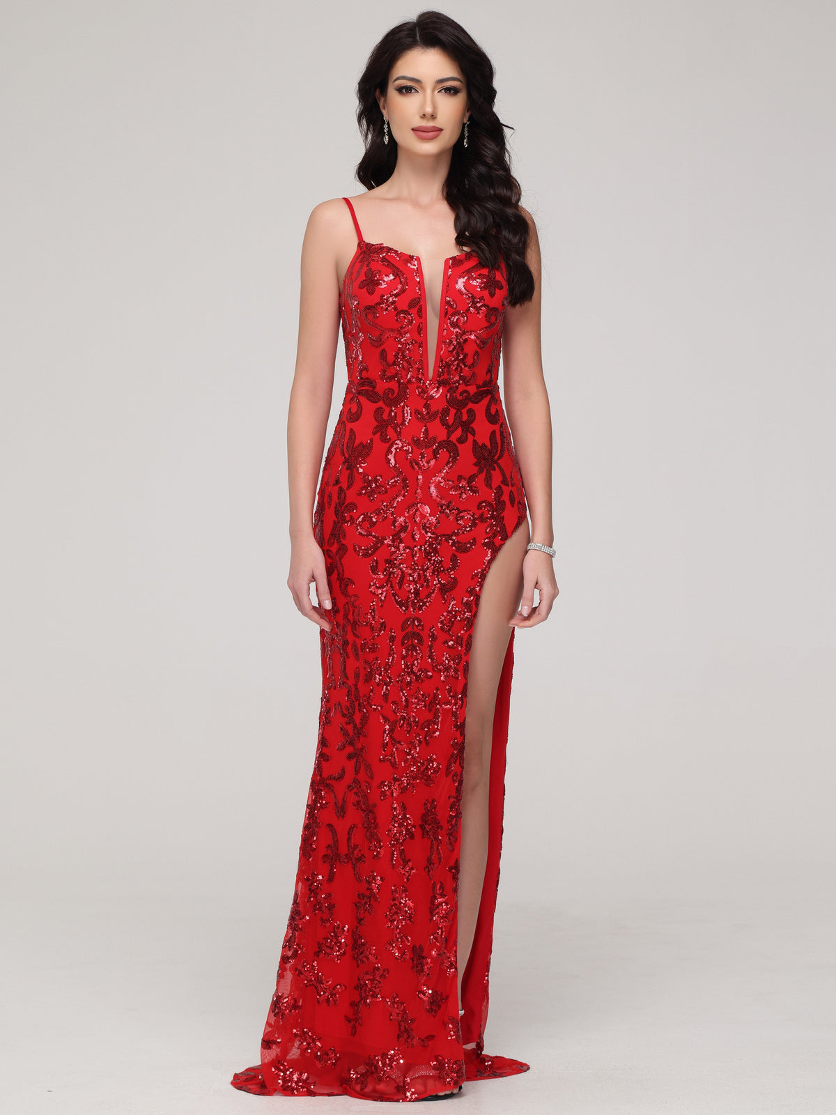 Trumpet/Mermaid Notched Spaghetti Straps Sequins Asymmetrical Sweep Train Prom Dress