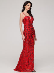 Trumpet/Mermaid Notched Spaghetti Straps Sequins Asymmetrical Sweep Train Prom Dress