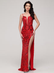 Trumpet/Mermaid Notched Spaghetti Straps Sequins Asymmetrical Sweep Train Prom Dress