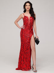 Trumpet/Mermaid Notched Spaghetti Straps Sequins Asymmetrical Sweep Train Prom Dress