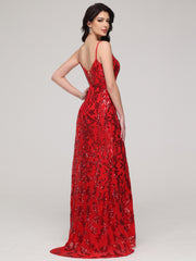 Trumpet/Mermaid Notched Spaghetti Straps Sequins Asymmetrical Sweep Train Prom Dress