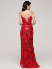 Trumpet/Mermaid Notched Spaghetti Straps Sequins Asymmetrical Sweep Train Prom Dress