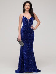 Sheath/Column Spaghetti Straps Sequins Sweep Train Velvet Prom Dress