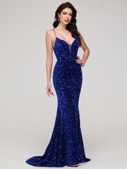 Sheath/Column Spaghetti Straps Sequins Sweep Train Velvet Prom Dress