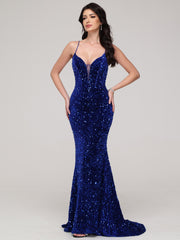 Sheath/Column Spaghetti Straps Sequins Sweep Train Velvet Prom Dress