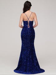 Sheath/Column Spaghetti Straps Sequins Sweep Train Velvet Prom Dress