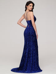 Sheath/Column Spaghetti Straps Sequins Sweep Train Velvet Prom Dress