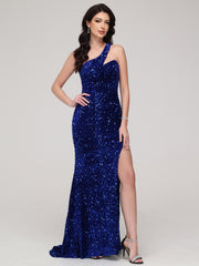 Sheath/Column One-Shoulder Sequins Sweep Train Velvet Prom Dress With Split
