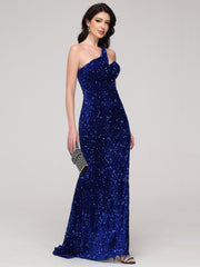 Sheath/Column One-Shoulder Sequins Sweep Train Velvet Prom Dress With Split