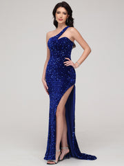 Sheath/Column One-Shoulder Sequins Sweep Train Velvet Prom Dress With Split
