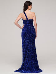 Sheath/Column One-Shoulder Sequins Sweep Train Velvet Prom Dress With Split