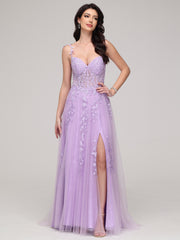 Spaghetti Straps V-Neck Lace Appliques Sweep Train Prom Dress With Split