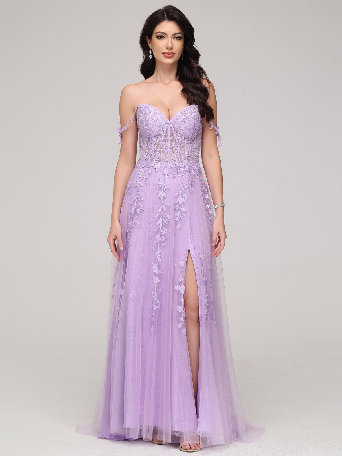 Spaghetti Straps V-Neck Lace Appliques Sweep Train Prom Dress With Split