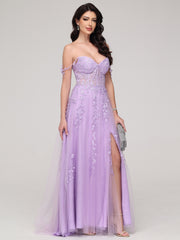 Spaghetti Straps V-Neck Lace Appliques Sweep Train Prom Dress With Split
