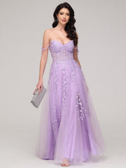 Spaghetti Straps V-Neck Lace Appliques Sweep Train Prom Dress With Split