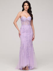 Trumpet/Mermaid Strapless Tulle Appliques Sweep Train Prom Dress