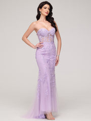 Trumpet/Mermaid Strapless Tulle Appliques Sweep Train Prom Dress