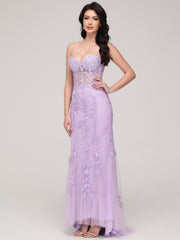 Trumpet/Mermaid Strapless Tulle Appliques Sweep Train Prom Dress