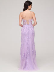 Trumpet/Mermaid Strapless Tulle Appliques Sweep Train Prom Dress
