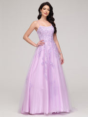 Spaghetti Straps Square Lace Appliques Sweep Train Prom Dress
