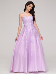 Spaghetti Straps Square Lace Appliques Sweep Train Prom Dress