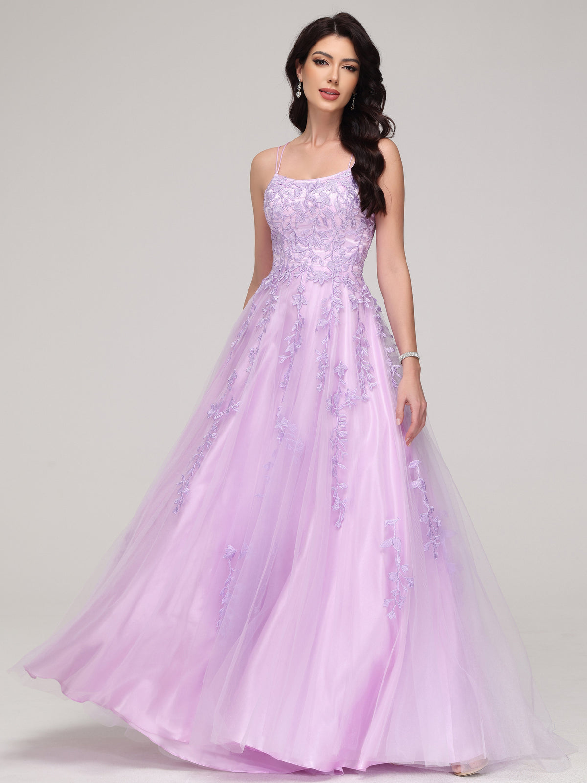 Spaghetti Straps Square Lace Appliques Sweep Train Prom Dress
