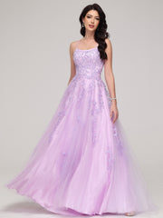 Spaghetti Straps Square Lace Appliques Sweep Train Prom Dress