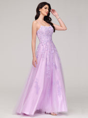 Spaghetti Straps Square Lace Appliques Sweep Train Prom Dress