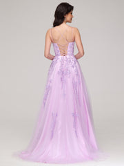 Spaghetti Straps Square Lace Appliques Sweep Train Prom Dress