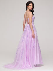 Spaghetti Straps Square Lace Appliques Sweep Train Prom Dress