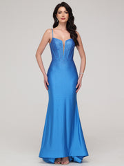 Trumpet/Mermaid Asymmetrical Spaghetti Straps Notched Sweep Train Prom Dress