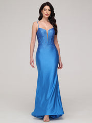 Trumpet/Mermaid Asymmetrical Spaghetti Straps Notched Sweep Train Prom Dress