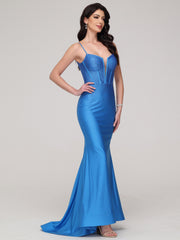 Trumpet/Mermaid Asymmetrical Spaghetti Straps Notched Sweep Train Prom Dress