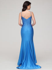 Trumpet/Mermaid Asymmetrical Spaghetti Straps Notched Sweep Train Prom Dress