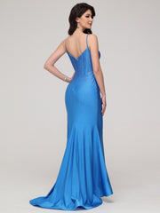 Trumpet/Mermaid Asymmetrical Spaghetti Straps Notched Sweep Train Prom Dress