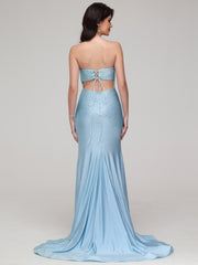 Sheath/Column Strapless Sweep Train Prom Dress With Split