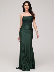 Sheath/Column Spaghetti Straps Square Sweep Train Prom Dress