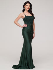 Sheath/Column Spaghetti Straps Square Sweep Train Prom Dress