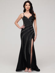 Sheath/Column Asymmetrical Spaghetti Straps Train Prom Dress With Split