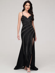 Sheath/Column Asymmetrical Spaghetti Straps Train Prom Dress With Split