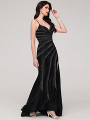 Sheath/Column Asymmetrical Spaghetti Straps Train Prom Dress With Split