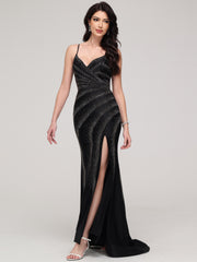 Sheath/Column Asymmetrical Spaghetti Straps Train Prom Dress With Split